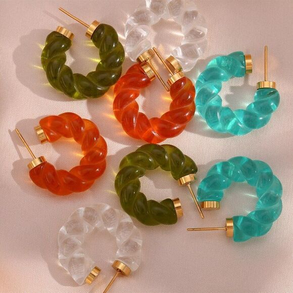 Orange Amber Boho Chunky Acrylic Twisted Hoop Earrings 18K Gold Plated S… - Picture 5 of 6